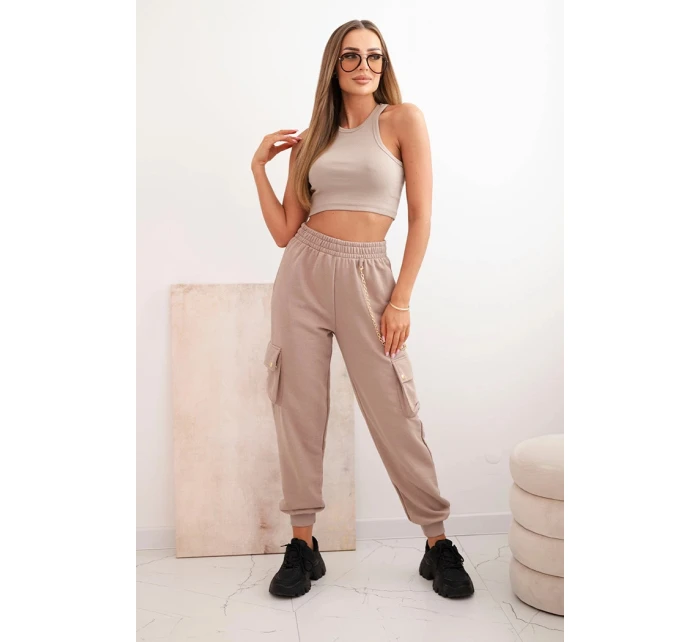Dámské bavlněné cargo kalhoty s kapsami a řetízkem béžové