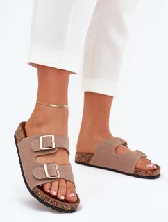 Dámské sandály se zlatými sponami a prošíváním khaki Lunera