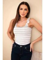 Dámská žebrovaná pruhovaná halenka na ramínkách s volánkem šedá