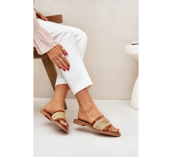 Kožené Pantofle S Dekorativním Detailem A Pletením Hnědé Zazoo 40426