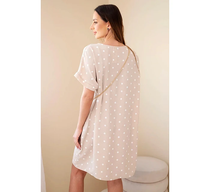 Dámské šaty s puntíky s krátkým rukávem a kabelkou béžové Dámské šaty s puntíky s krátkým rukávem a kabelkou béžové