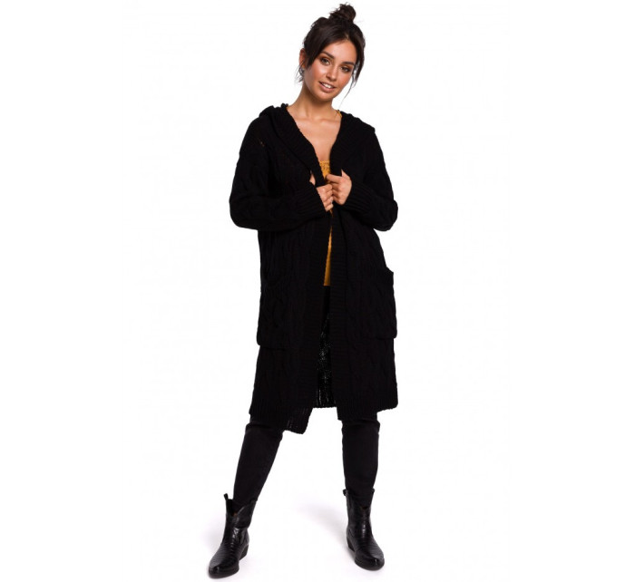 BK033 Pletený plisovaný svetr s kapucí - černý