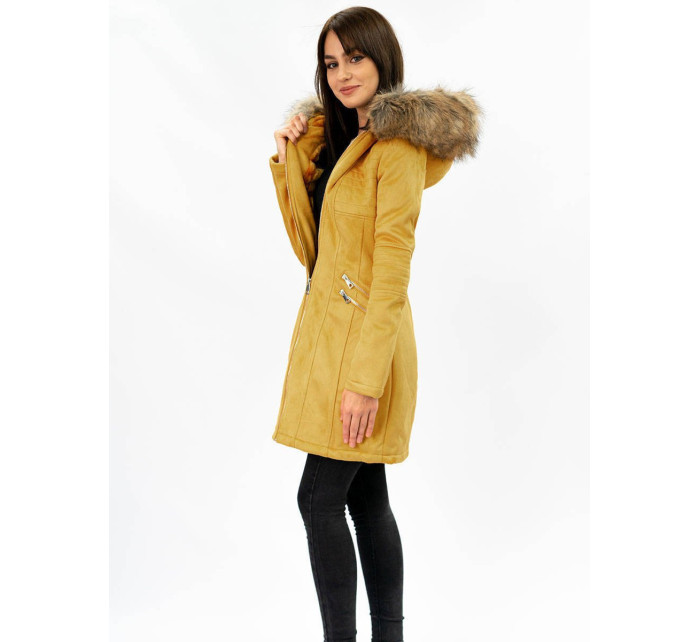 Dámská zimní semišová bunda s kapucí (6516) hořčicová - Libland