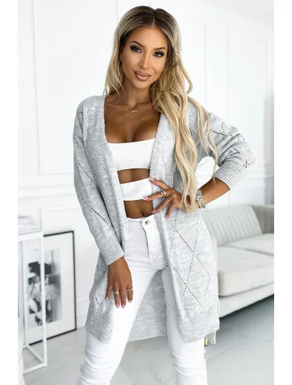 486-1 Cardigan - svetr s prodlouženým zadním dílem s prolamovanými diamanty - GREY