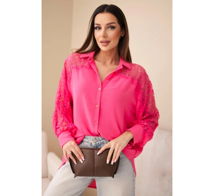 Dámská viskózová košile s krajkovými rukávy a límečkem béžová