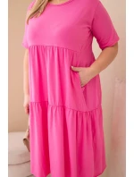 Dámské bavlněné plus size šaty s krátkým rukávem a volánem růžová