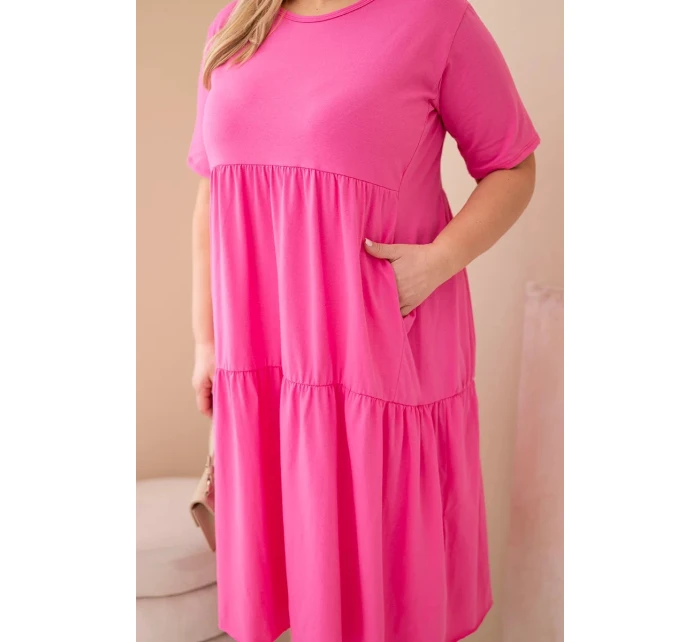Dámské bavlněné plus size šaty s krátkým rukávem a volánem růžová