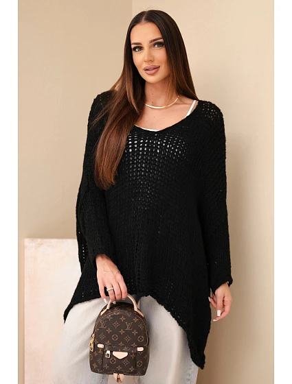 Dámský svetr oversized krajkový s výstřihem do V a delším model 22293710 černý - K-Fashion