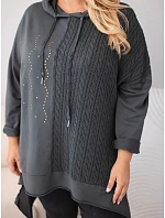 Dámská bavlněná mikina Plus Size s kapucí a pleteným prvkem grafitová
