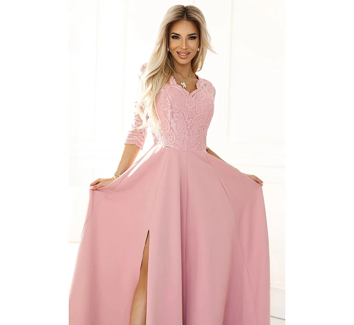 Dámské dlouhé krajkové šaty model 22074821 AMBER pudrově růžové - numoco