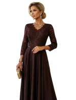 309-14 AMBER elegantní dlouhé krajkové šaty s výstřihem - čokoládové 309-14 AMBER elegantní dlouhé krajkové šaty s výstřihem - čokoládové