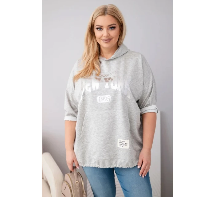 Dámská mikina Plus Size viskózová s kapucí a klokaní kapsou šedý melír