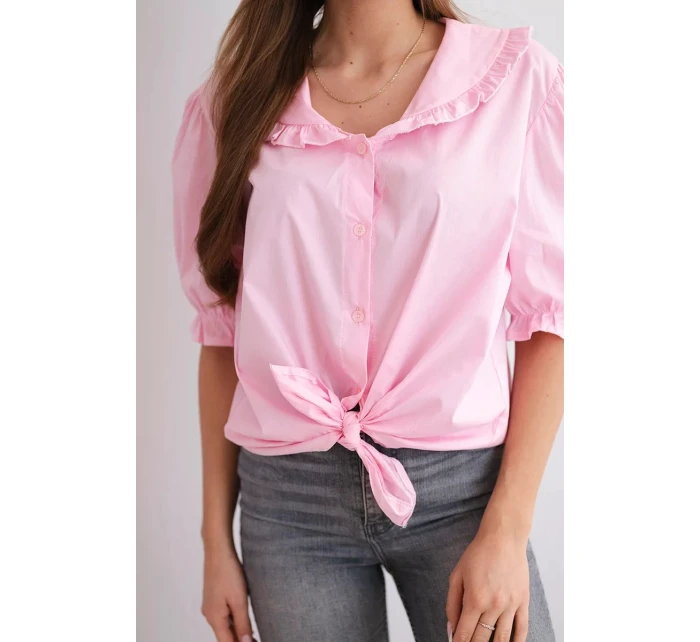 Dámská bavlněná košile s volánkem a vázáním světle růžová