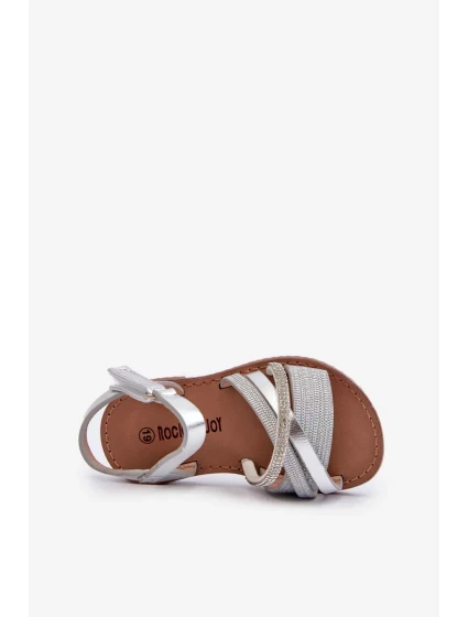 Lesklé dětské stříbrné sandály na suchý zip Delphina