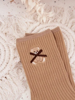 Dámské bavlněné žebrované ponožky s medvídkem – světle hnědé