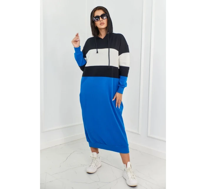 Trikolorní šaty s kapucí Černá + ecru + chrpa