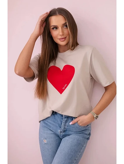 Bavlněná halenka s potiskem srdce béžový Bavlněná halenka s potiskem srdce béžový