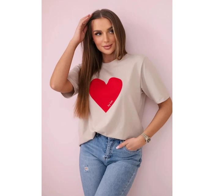 Bavlněná halenka s potiskem srdce béžový Bavlněná halenka s potiskem srdce béžový