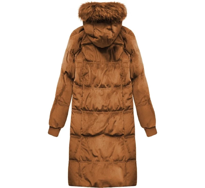 Dámská zimní manšestrová bunda v karamelové barvě s kapucí (7763)