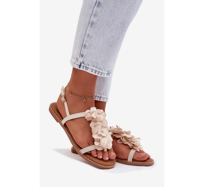 Dámské ploché sandály s ozdobnými květinami Jasnobeżowe Noemia