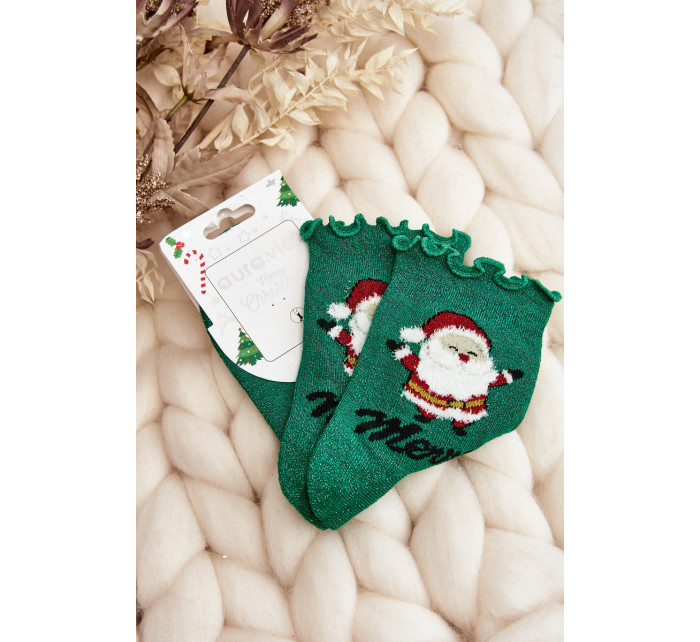 Dámské lesklé vánoční ponožky s Santa Clausem, zelené