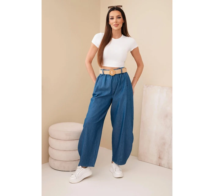 Dámské kalhoty se širokou nohavicí a páskem tmavě džínové Dámské kalhoty se širokou nohavicí a páskem tmavě džínové
