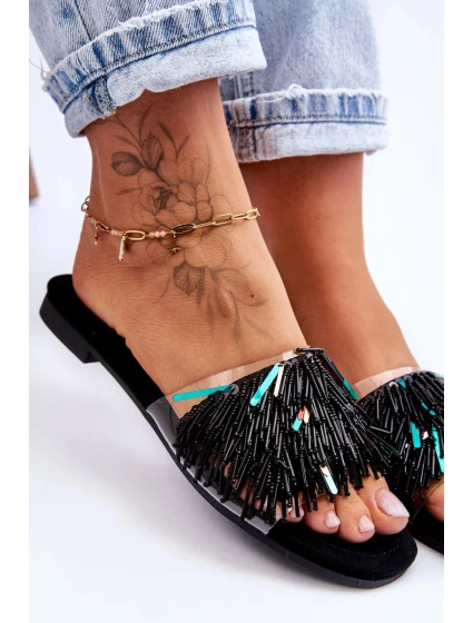 Dámské pantofle s módními ozdobami S.Barski Černá Dámské pantofle s módními ozdobami S.Barski Černá