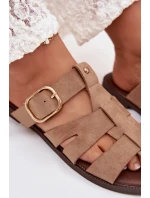 Dámské nazouváky na ploché podrážce s pásky a zlatou sponou Bežové Elzora