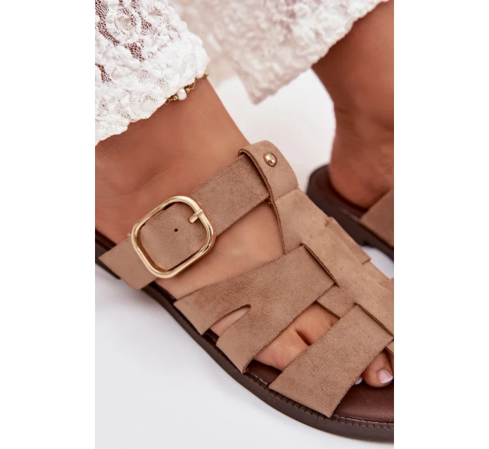 Dámské nazouváky na ploché podrážce s pásky a zlatou sponou Bežové Elzora