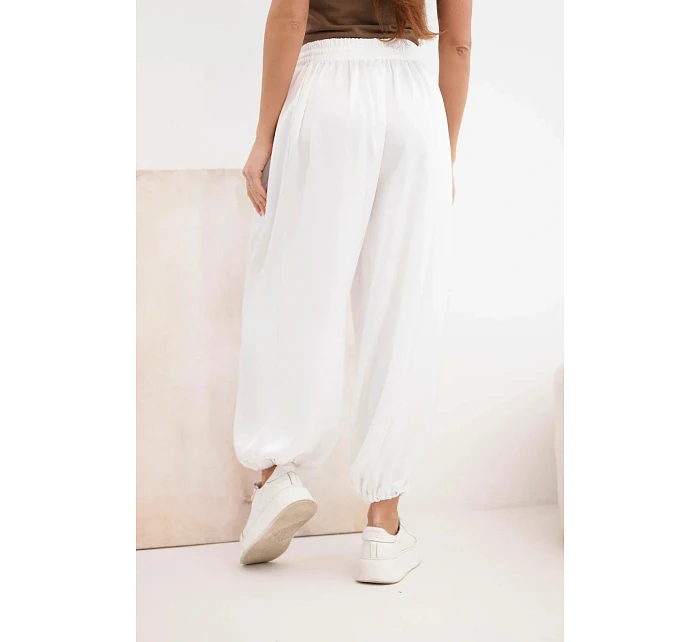 Dámské široké kalhoty s gumou v pase a vázáním v model 22064355 stylu ecru - K-Fashion