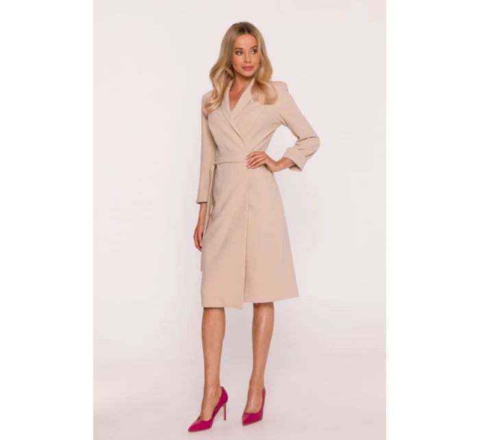 S415 Košilové šaty vázané v pase - béžové