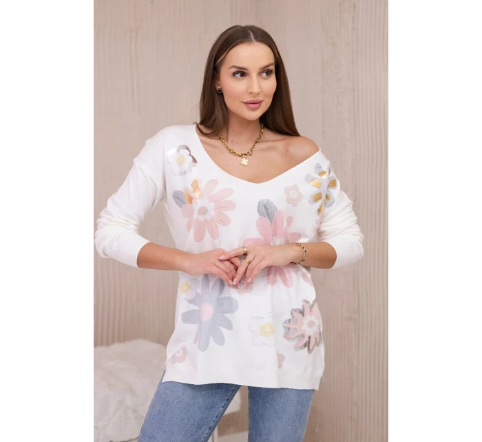 Svetrová halenka s barevnými květy růžová+šedá