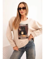 Dámská bavlněná mikina s potiskem kočky a nápisem béžová