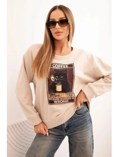 Dámská bavlněná mikina s potiskem kočky a nápisem béžová