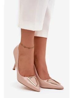 Lakované dámské lodičky na jehlovém podpatku se zlatým detailem Paivelle – béžové