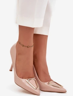 Lakované dámské lodičky na jehlovém podpatku se zlatým detailem Paivelle – béžové