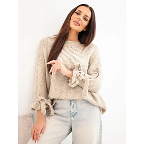 Dámský oversize svetr se zavazováním na rukávech tmavě béžový Dámský oversize svetr se zavazováním na rukávech tmavě béžový