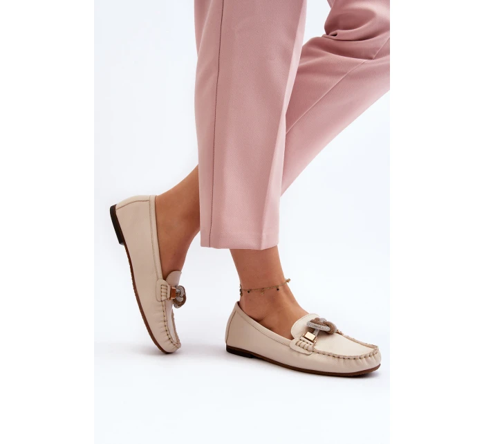 Dámské kožené mokasíny s ozdobou model 21648246 béžové - Laura Messi Dámské kožené mokasíny s ozdobou model 21648246 béžové - Laura Messi