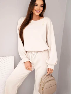 Dámský komplet máslová mikina s broží a kalhoty s rovnou nohavicí béžový