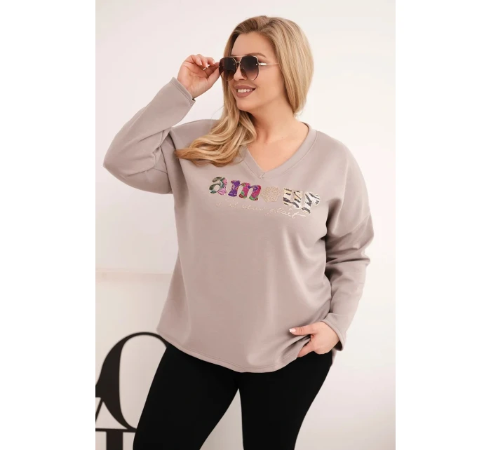 Dámská mikina Plus Size s nápisem a výstřihem do V fango
