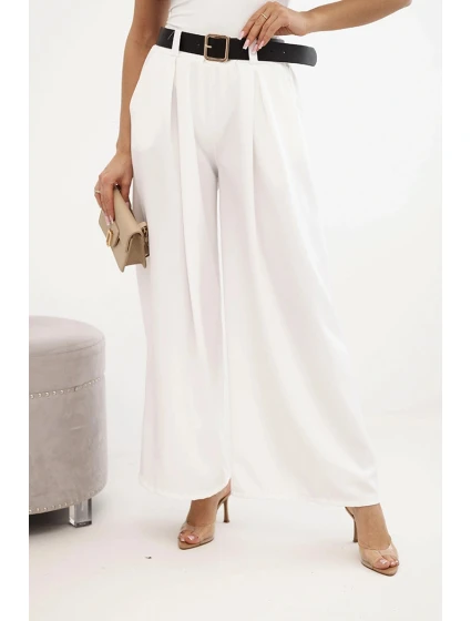 Dámské kalhoty s širokými nohavicemi a ecru páskem ecru