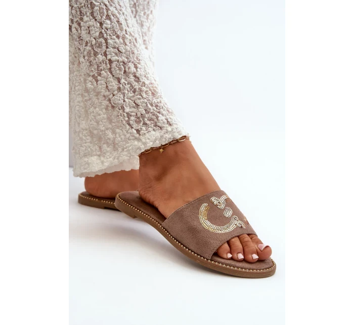 Dámské ploché pantofle s flitry S.Barski Hnědá Dámské ploché pantofle s flitry S.Barski Hnědá