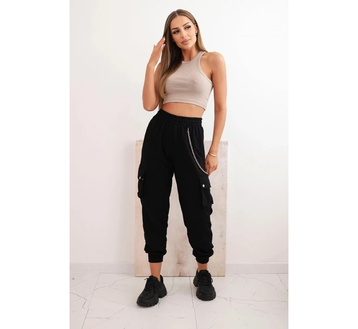 Dámské bavlněné cargo kalhoty s kapsami a řetízkem černé