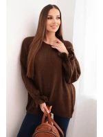Dámský svetr s příměsí mohairu a vlny volného střihu hnědý Dámský svetr s příměsí mohairu a vlny volného střihu hnědý