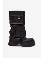 Zateplené nazouvací dámské kozačky na masivní platformě s kapsami Černé model 21710069 - Boto