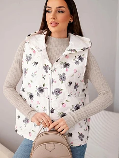 Dámská prošívaná vesta s květinami s kapucí grafitová