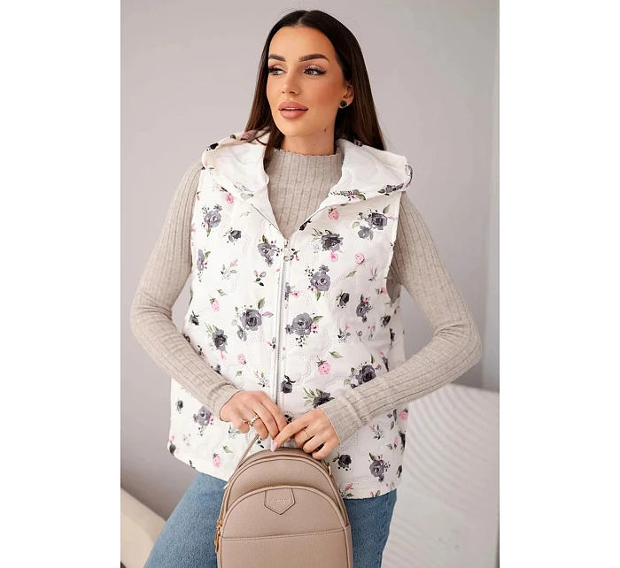 Dámská prošívaná vesta s květinami s kapucí grafitová