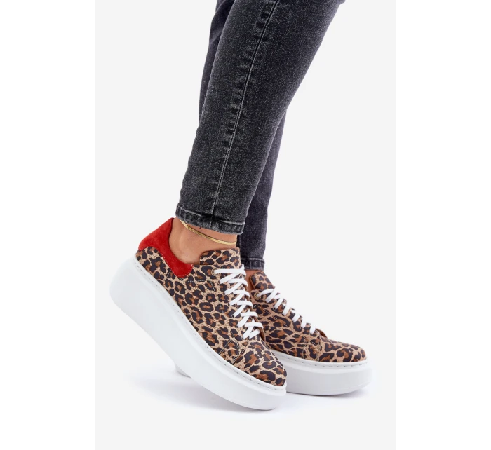 Kožené sneakerky na platformě s leopardím vzorem Zazoo 3346 hnědo-červené