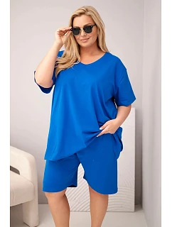 Dámský bavlněný komplet Plus Size s halenkou a kraťasy chrpově modrý