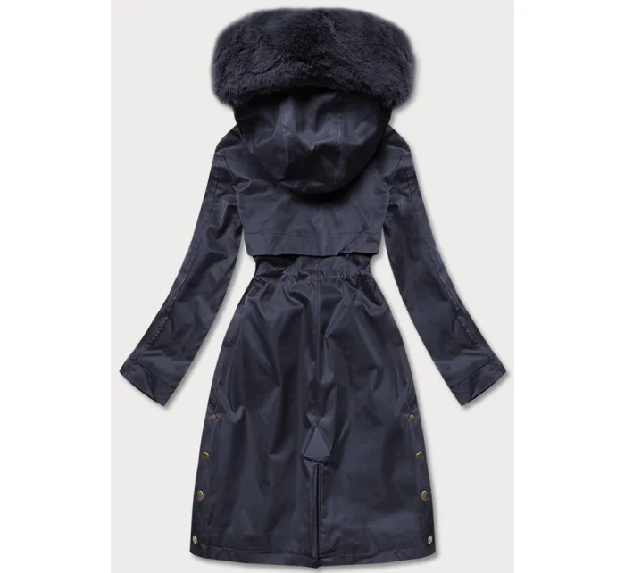 Tmavě modrá dámská zimní bunda s podšívkou z mechovité kožešiny (b537-3)